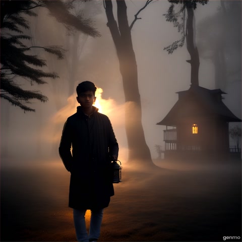 Young Bengali man holding a lantern, standing alone in front of a haunted village house at night, serious face, fog, trees behind"