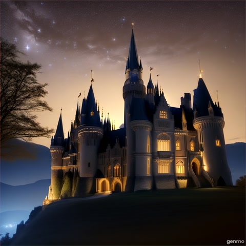 A wide-angle shot of a historical castle illuminated at night, with stars above. The camera pans to showcase the architecture and ambiance.