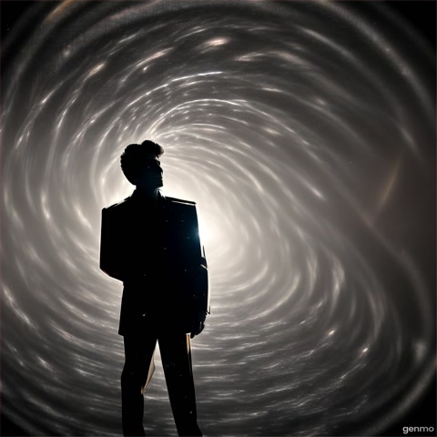 Rod Serling standing before a swirling cosmic vortex, fragments of old TV screens, typewriter pages flying, surrounded by abstract shadows, eerie glowing light, surreal tone --ar 9:16