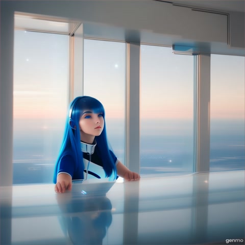"A young woman with blue hair wakes up in a white room with a window that looks out into space, in a futuristic anime-inspired setting