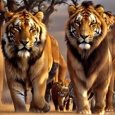 "An ultra-realistic, hyper-detailed cinematic scene featuring four animals perfectly lined up from left to right: an enormous elephant, a fierce tiger, a majestic lion, and a domestic cat. The background is a richly textured, natural savannah-like environment with warm golden lighting, but the camera is focused tightly on the animals.

All animals stand completely still and in place — do not move their bodies or change positions. The elephant gently moves its trunk in slow, lifelike motion. The tiger and lion remain immobile but let out loud, realistic roars, their jaws and expressions animated naturally. The domestic cat sits calmly, meowing softly in high fidelity, without moving from its position.

Do not animate walking or body movement beyond the described actions. Prioritize photorealism, natural fur textures, lighting reflections in their eyes, and atmospheric ambient detail. The scene must feel like a real recording with ultra high-definition quality."**