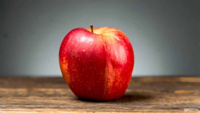 A 30-second hyper-realistic timelapse video showing a single red apple decaying while facing the camera directly. The apple is centered on a rustic wooden table with a neutral gray background. Over time, the apple gradually develops small brown spots, starts wrinkling, gets bruised, grows fuzzy mold, and finally collapses into a fully rotten, blackened fruit. The camera remains still with a macro lens, shallow depth of field, and cinematic studio lighting. No background changes, no camera movement, no additional objects, no hands. Photorealistic texture and natural decay process