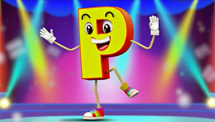 Ilustración 2D estilo caricatura infantil de la letra “P” convertida en un personaje animado y expresivo. La letra es amarillo intenso, con ojos grandes, sonrisa alegre, brazos y piernas delgadas con guantes blancos y zapatillas coloridas. La letra está en una pose de baile exagerada, con una pierna elevada en el aire, el otro pie en puntillas, y ambos brazos levantados como en una coreografía energética. Su cuerpo está ligeramente inclinado como si girara o saltara al ritmo de la música. El fondo muestra un escenario con luces brillantes, notas musicales flotando, confeti y colores vivos. Todo transmite movimiento, ritmo y diversión.