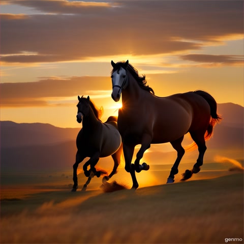 A dynamic shot of a horse galloping freely across an open field at sunset. The camera captures the power and freedom.