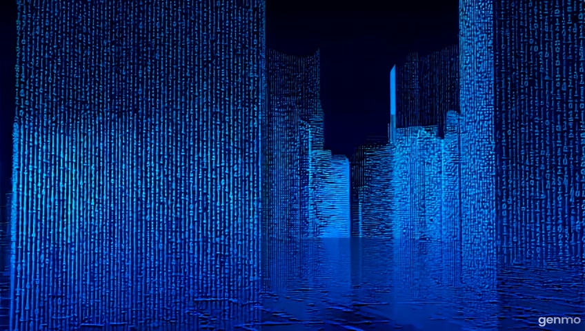 Futuristic simulated world, people made of code, digital glitch effects, city fading into binary code, ultra-realistic style, sci-fi cinematic atmosphere