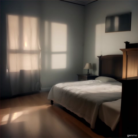 "Dark room with low bed, something whispering from under the bed, glowing eyes slightly visible in the darkness