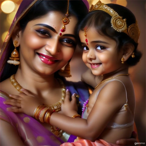 Yashoda Maa tries to scold him but melts into a loving smile. She picks Krishna up and hugs him. Background filled with soft warm lighting, the bond between mother and child glowing with love.