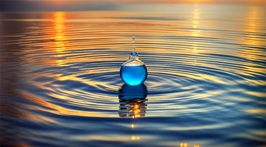 a  drop of water drops into a still beautiful blue lake at sunset