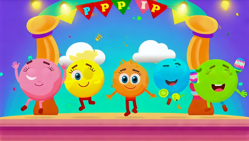Ilustración 2D estilo caricatura infantil de las sílabas PA, PE, PI, PO y PU representadas como personajes animados individuales, cada una con cuerpo propio, ojos grandes, brazos, piernas, y expresiones alegres. Todas las sílabas están bailando y saltando juntas en un escenario colorido como si estuvieran en un show musical. PA es rosada, enérgica y salta alto con una pierna levantada y manos al aire. PE es amarilla, mueve los brazos con ritmo y sonríe con ojos brillantes. PI es azul celeste, delgada y gira sobre un pie con una expresión divertida. PO es naranja, redondita y rueda de lado mientras ríe con alegría. PU es verde brillante, toca maracas y mueve los hombros con ritmo. Las sílabas están organizadas en fila o semicírculo, como si fueran un grupo musical animado. Fondo con luces, notas musicales flotando, confeti cayendo, y un cielo brillante con guirnaldas. Todo el diseño transmite diversión, ritmo, movimiento y una atmósfera de aprendizaje feliz. Estilo 2D caricaturesco, con trazos limpios, colores vivos, personajes simpáticos y ambiente visual pensado para captar la atención de niños pequeños.