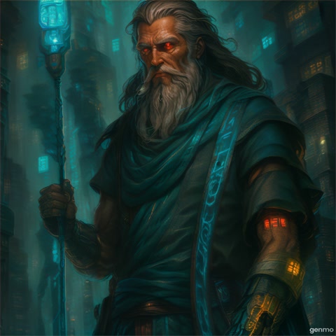 A slow-motion shot of Cyber Old man. The camera captures the grace and strength of the movement against a backdrop of city