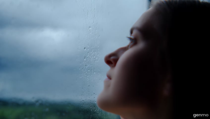 create rainy day that a woman is behind the window and see the dark cloud