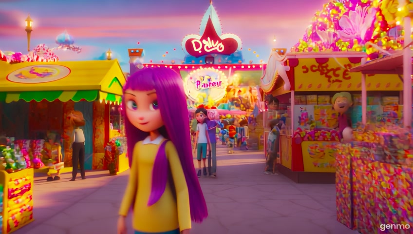 creame  un lugar de esparsimiento donde la gente va a divertirse, hay puestos de dulces, payasos con globos niños con sus padres, y al fondo hay un escenario grande con luces donde dice dale power