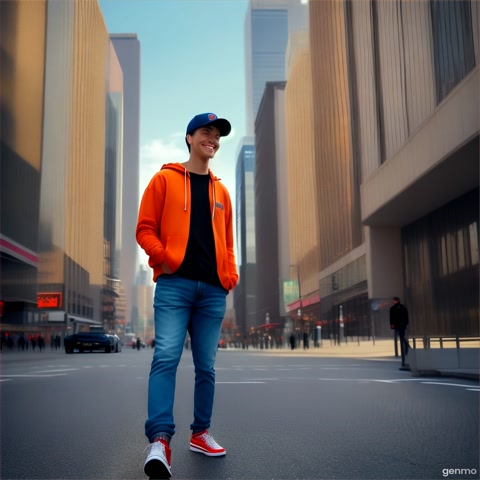 A 155cm tall smiling boy wearing street-style clothes (hoodie, jeans, cap), walking confidently in a modern city, daytime, colorful lighting, cinematic quality, 4K ultra realistic, happy mood