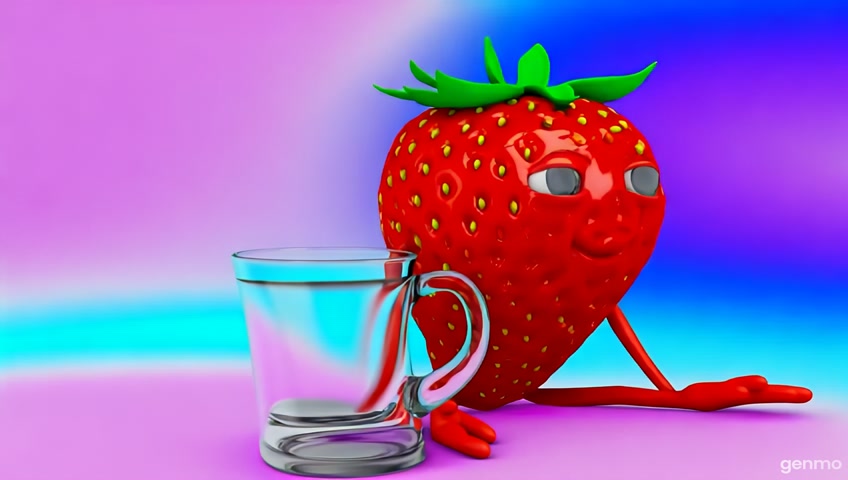 a cute red strawberry with human-like body, squatting over a glass cup, fruit juice splashing from its bottom, bright colorful background, funny surreal scene, 3D render style