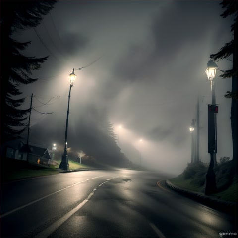 "An eerie, fog-covered mountain road at night in Shimla, with light rain falling and thick mist swirling around. A group of friends inside a car, their faces showing fear and shock as they spot a mysterious man standing alone on the deserted road. The man holds an old-fashioned black umbrella, wearing an old coat, his face hidden in shadows. The street is dimly lit by a flickering lamppost, and the atmosphere is drenched in cold, haunting vibes, with dense pine trees looming around."