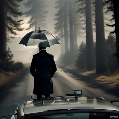 A group of friends inside a car, their faces showing fear and shock as they spot a mysterious man standing alone on the deserted road. The man holds an old-fashioned black umbrella, wearing an old coat, his face hidden in shadows. The street is dimly lit by a flickering lamppost, and the atmosphere is drenched in cold, haunting vibes, with dense pine trees looming around."