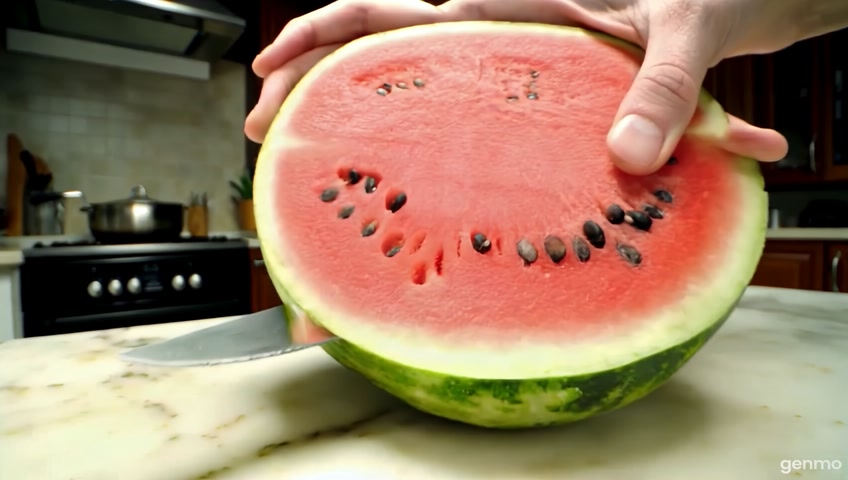 Create a video of yourself cutting the watermelon, make a pleasant sound when cutting it, and show the inside of the fruit in 5 seconds.