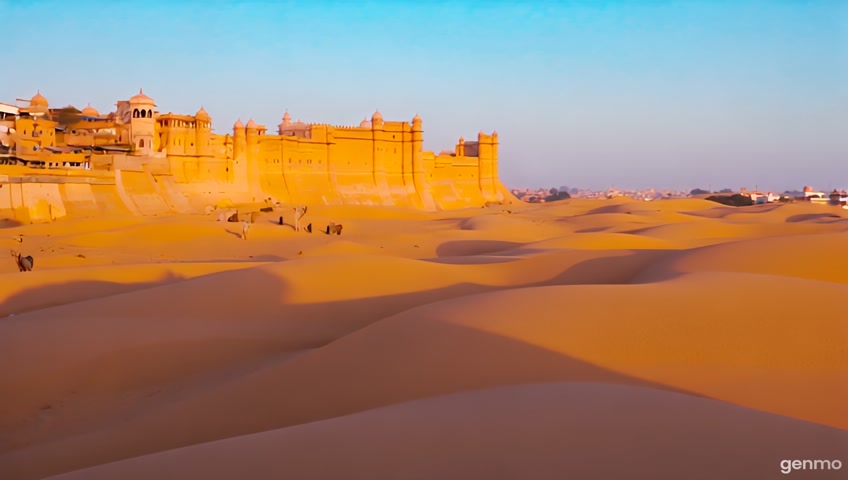Create a cinematic video of Jaisalmer, India. Show golden sand dunes, camel rides, sunset in the Thar Desert, the majestic Sonar Fort glowing in sunlight, intricate architecture of Patwon Ki Haveli, and vibrant Rajasthani folk dance at night under the stars. Style: warm tones, cinematic camera, background music: traditional Rajasthani