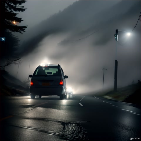 Scene starts with a dark, foggy mountain road in Shimla at night, with rain gently falling. A car slowly drives through the misty road, its headlights barely piercing the thick fog. Suddenly, a mysterious man appears right in front of the car, standing motionless with a black umbrella, face completely hidden in shadows. The driver slams the brakes and honks the horn repeatedly, but the man doesn’t move at all. The eerie sound of the horn echoes through the mountains, mixed with the sound of rain and wind. Inside the car, the friends’ terrified faces are lit by the dim headlights, their breaths visible in the cold air. The scene is tense, filled with chilling background music and sudden heartbeat-like thumps.