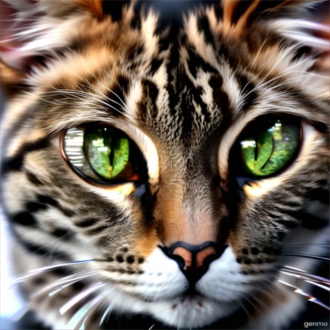 The camera zooms in on a cat's face, specifically its large, reflective eyes. The cat's pupils narrow in reaction to movement off-screen, and the subtle flick of its ears adds to its intense focus. The reflection in its eyes hints at what it's staring at.