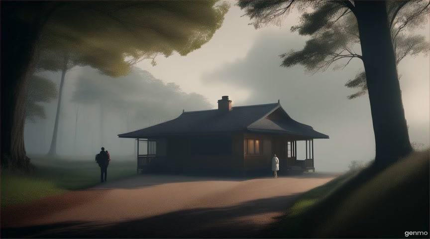 The final scene shows them hastily packing their bags and leaving the bungalow, glancing back one last time with terrified expressions. The shot slowly fades out with eerie music as the forest around the bungalow sways in the wind, giving off an ominous, cursed feeling — hinting that something still watches from within.