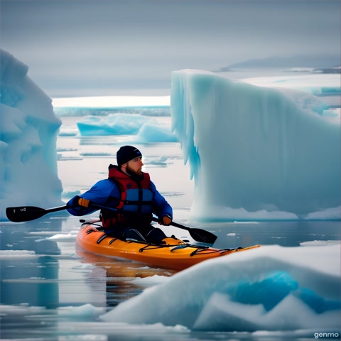 A dynamic shot of a kayaker navigating through icy waters dotted with icebergs. The camera follows the journey, highlighting adventure.