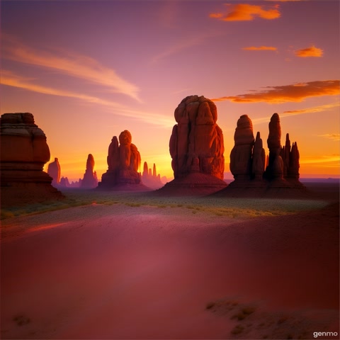 A wide-angle shot of a desert landscape with towering rock formations at sunset. The camera pans to reveal the vastness and colors.
