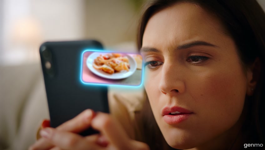 Glowing social media effects surround the food. Her eyes widen slightly, showing craving and fascination. Background is cozy but screen-centered. Subtle food scent animations (wavy lines) rise from the phone as if she's smelling the food through the screen