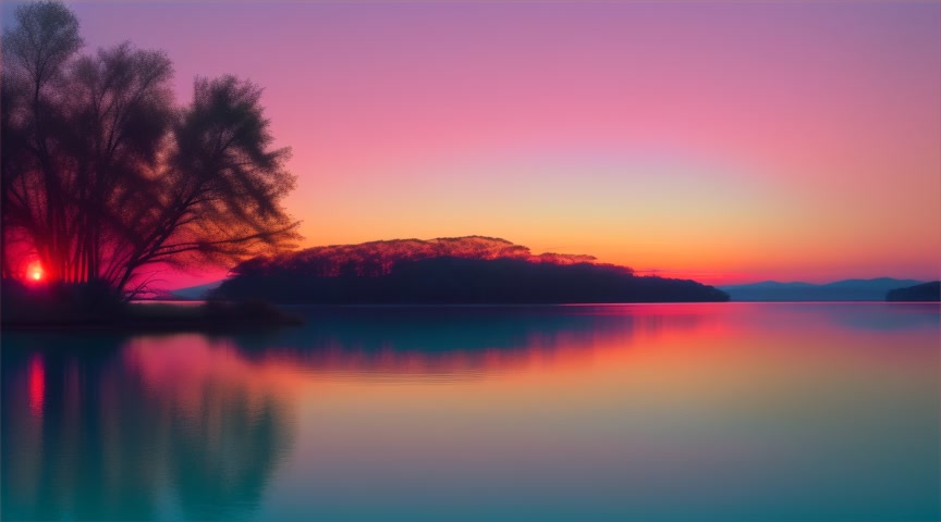 View from a distance - a round water droplet falls into a still neon blue and turquoise lake at sunset