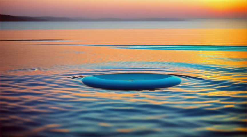 View from a distance - a round water droplet falls into a still neon blue and turquoise lake at sunset