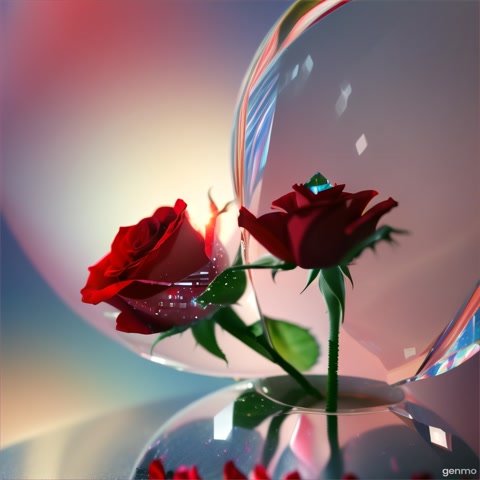 The camera zooms in on the rose in the vase. Vibrant red rose petal with a dew drop. The droplet transforms into a glistening, multifaceted diamond.