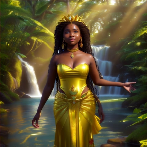 A stunning, hyper-realistic 3D cinematic portrait of Oxum, the Afro-Brazilian orixá of fresh water, beauty, fertility and love. She is a graceful black goddess, dressed in a golden yellow dress and adorned with gold jewelry, standing by a serene river, surrounded by a lush green forest. Long wavy hair. Her skin glows in the sunlight, with the water surrounding her gently shimmering. Her eyes are kind, powerful and wise. Background full of natural light, waterfalls, butterflies and sacred energy. Highly detailed textures, cinematic lighting, photorealistic rendering, inspired by Yoruba mythology and Candomblé aesthetics.