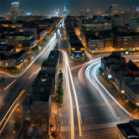 A time-lapse of traffic trails creating light streams in a city intersection at night. The camera captures the flow and rhythm of urban life.