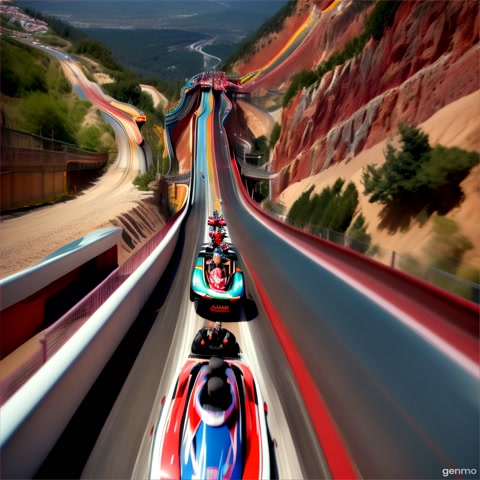 A dynamic shot of a roller coaster plummeting down a steep track, riders' hands in the air. The camera captures the excitement and speed.
