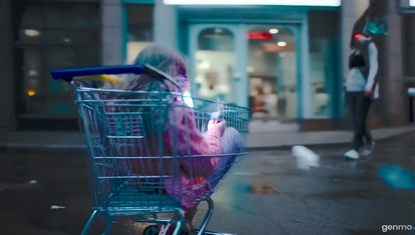Camera dolly shot circling around a teenage girl in a shopping cart holding a glowing phone with a ring light. Trash flies through the air, neon reflections flicker on wet pavement. Slight handheld camera motion for chaotic feel.
Style: gritty urban, handheld chaos
Use at: 0:05–0:10