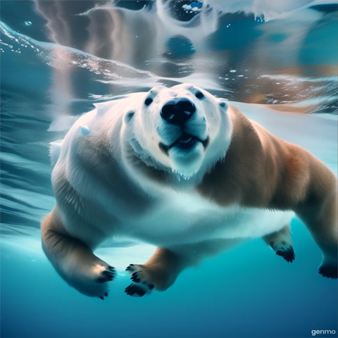 An underwater shot of a polar bear swimming beneath ice caps. The camera captures the bear's powerful movements and the stark icy environment.