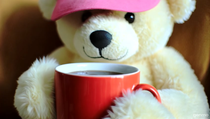 little white bear with a pink cap on his head, the bear sits on a chair and drinks cocoa from a red mug realism