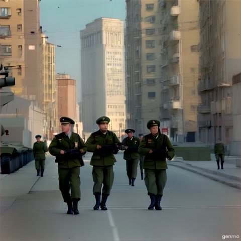 generate a short video in VHS style, military actions in some post-Soviet city, 1990s