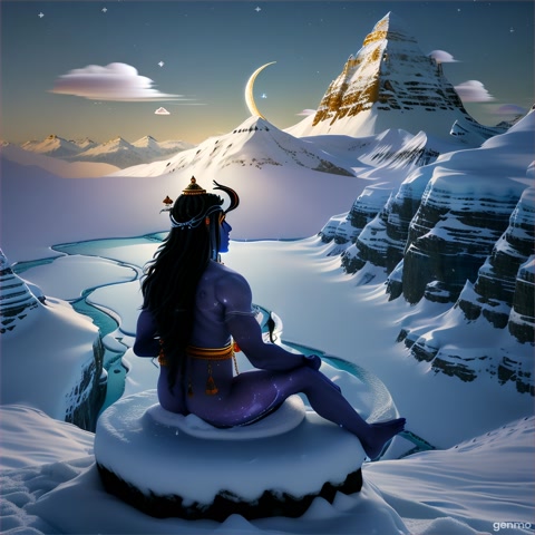 "An ethereal depiction of Lord Shiva, seated in deep meditation on the snow-covered peaks of Mount Kailash. He has a majestic jata (matted hair) from which the holy Ganga flows, a crescent moon adorning his hair, and a glowing third eye on his forehead. His neck is blue (Neelakantha), symbolizing the poison he held during the