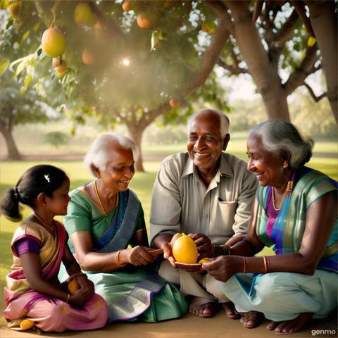 A close-up of a happy joint family: grandfather with a walking stick, grandmother in a traditional saree, mother and father smiling, two children playing nearby. All sitting together under a large mango tree.