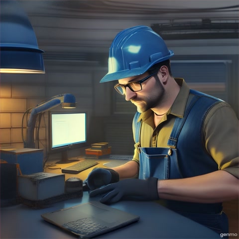 An unshaven, bearded, unwashed man with crazy eyes, thick glasses, a hard hat, and blue denim overalls is sitting in the semi-darkness at a desk with a laptop in the corner. Next to it is an industrial robot arm, an open control cabinet with PLC and HMI, protruding wires and flashing lights. The man is frantically typing code into the IDE on his laptop. The camera moves away and it can be seen that there is no one around but him, cobwebs, dust and ruin all around.