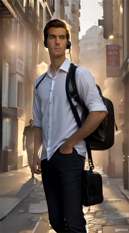 A tall man walks down a narrow, crowded city side street in the late afternoon, seen from behind in a smooth, cinematic tracking shot. He wears neatly tucked black pants and a crisp white shirt, with a crossbody side bag hanging at his side. Large over-ear headphones cover his ears, and he’s fully immersed in his music. The street is bustling with pedestrians moving in both directions—many passing by closely or brushing shoulders. Nearly everyone around him is smoking, and thick smoke fills the air, curling and drifting in golden shafts of soft late-afternoon light. The atmosphere is dense and gritty, with the haze swirling between neon signs, narrow walls, and moving bodies. Despite being surrounded, the man stands out—his clean, composed appearance contrasts with the chaotic, smoky environment. Occasionally, he subtly leans or tilts his head to avoid the smoke, instinctively shielding his space without stopping. The mood captures quiet isolation within noise—he's physically present but mentally elsewhere, detached through his music.