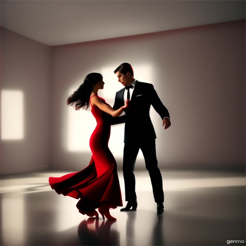 Ten woman-man pairs dancing tango together in the dark room. Women in red dresses, men in black.
