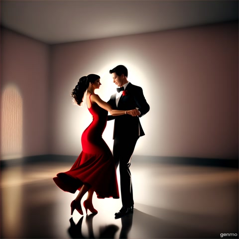 Ten woman-man pairs dancing tango together in the dark room. Women in red dresses, men in black.