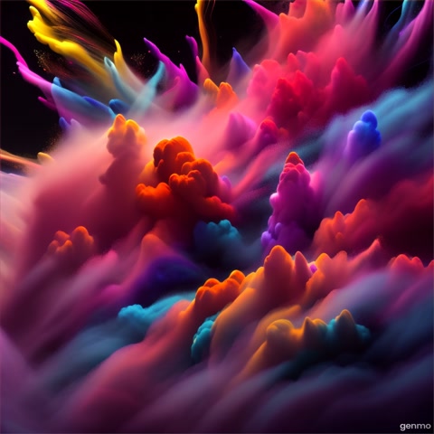 Against a black backdrop, vibrant clouds of powdered pigments—red, blue, yellow, and purple—burst into the air. The particles swirl and mix in a mesmerizing dance of color, creating a cloud-like explosion that hangs momentarily before dissipating into a soft, ethereal haze.