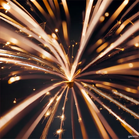 A close-up shot of a sparkler burning brightly in the dark, sparks flying outward. The camera captures the intensity of the light and the texture of the sparks.