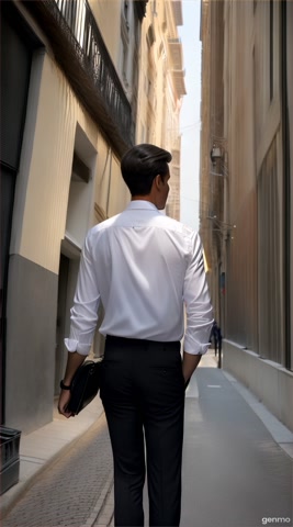 A tall man walks down a narrow, crowded city side street in the late afternoon, seen from behind in a smooth, cinematic tracking shot. He wears neatly tucked black pants and a crisp white shirt, with a crossbody side bag hanging at his side. Large over-ear headphones cover his ears, and he’s fully immersed in his music. The street is bustling with pedestrians moving in both directions—many passing by closely or brushing shoulders. Nearly everyone around him is smoking, and thick smoke fills the air, curling and drifting in golden shafts of soft late-afternoon light. The atmosphere is dense and gritty, with the haze swirling between neon signs, narrow walls, and moving bodies. Despite being surrounded, the man stands out—his clean, composed appearance contrasts with the chaotic, smoky environment. Occasionally, he subtly leans or tilts his head to avoid the smoke, instinctively shielding his space without stopping. The mood captures quiet isolation within noise—he's physically present but mentally elsewhere, detached through his music.