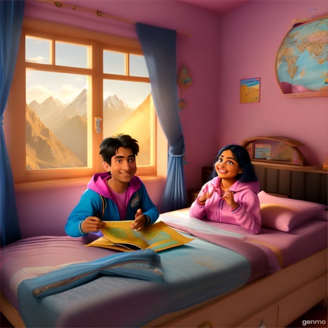 A cozy Indian bedroom with trekking gear spread out — backpacks, water bottles, maps, and hiking shoes. Raj (blue windbreaker, black tousled hair) excitedly points at a map of Uttarakhand spread on the bed. Seema (pink hoodie, camera around neck) smiles while packing a bag. Pixar-style 3D animation, soft golden light from the window, vibrant colors with warm emotional tone.