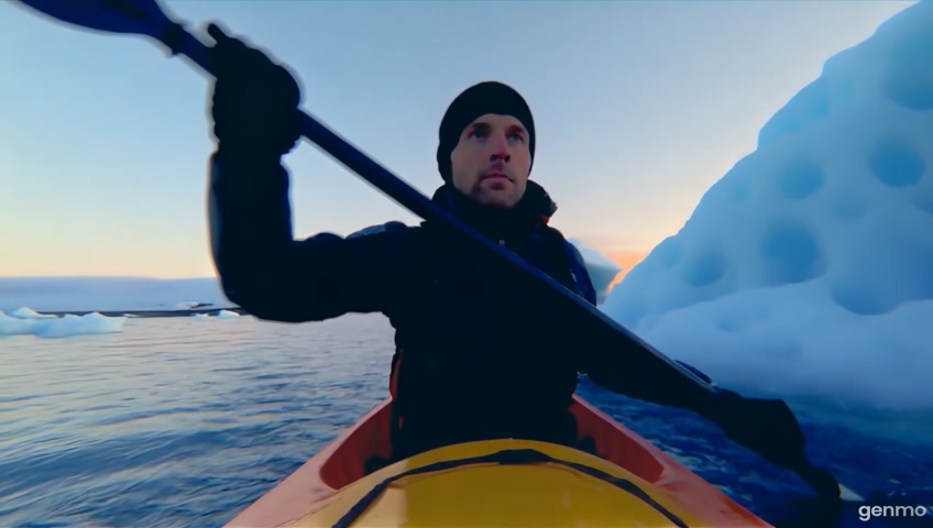 A dynamic shot of a kayaker navigating through icy waters dotted with icebergs. The camera follows the journey, highlighting adventure.