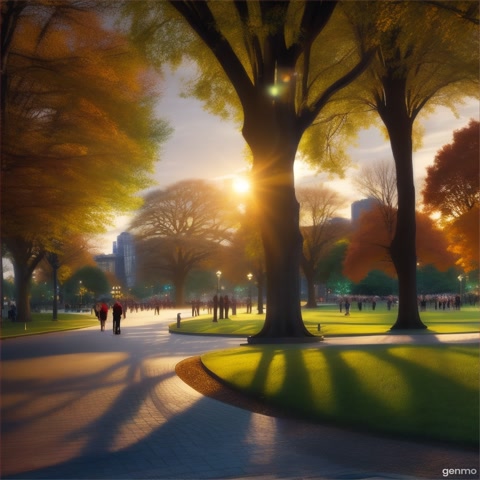 A time-lapse of a city park transitioning from day to night, lights twinkling on. The camera captures people enjoying the space throughout the day.